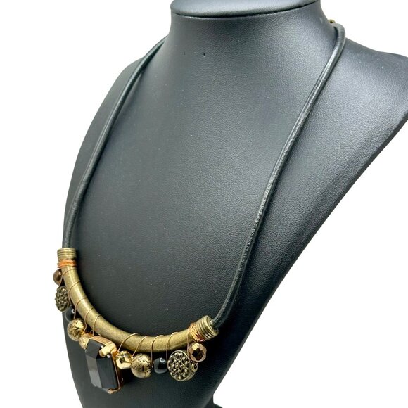 Chico's Necklace Jewlery Statement 22" Vintage Brass Tone Black Stone Corded - Picture 4 of 11